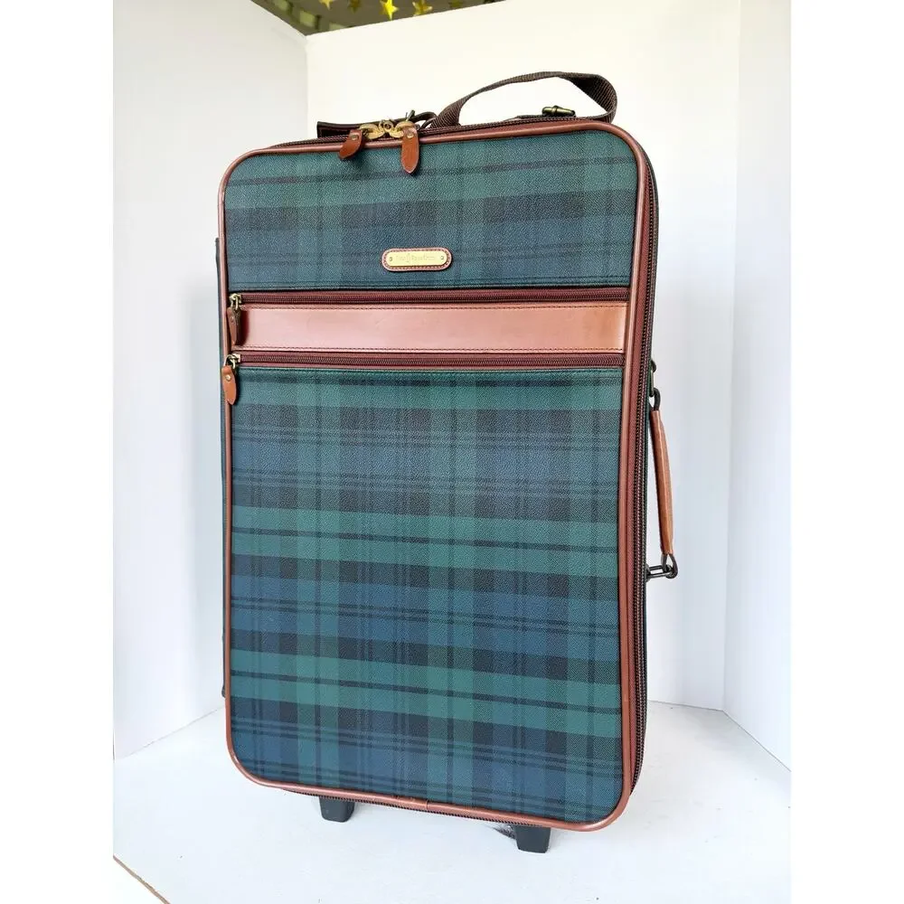Polo Ralph Lauren Blackwatch Plaid Carry On Luggage Suitcase Leather Navy Green